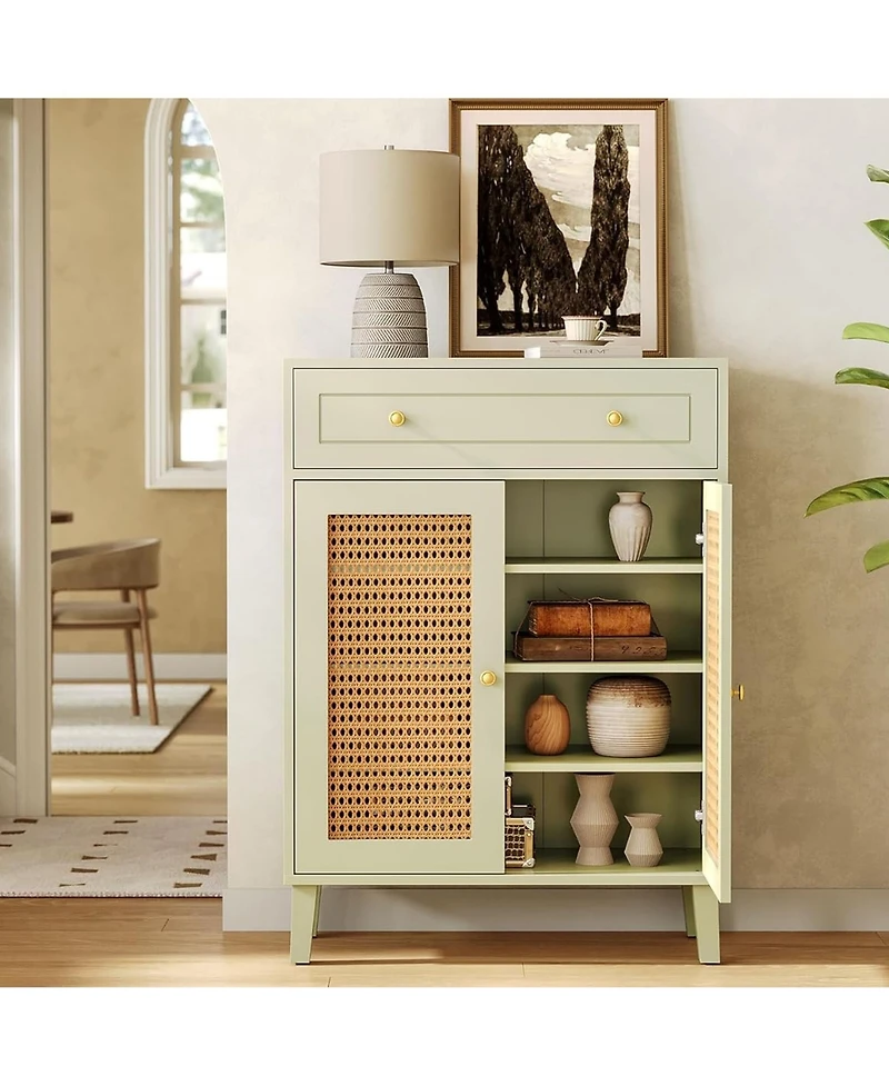 Rainsken Mint Green Shoe Cabinet, 4-Tier Rattan Shoe Rack, Freestanding Shoe Storage Organizer with Adjustable Shelf and Drawer for Entryway, Hallway