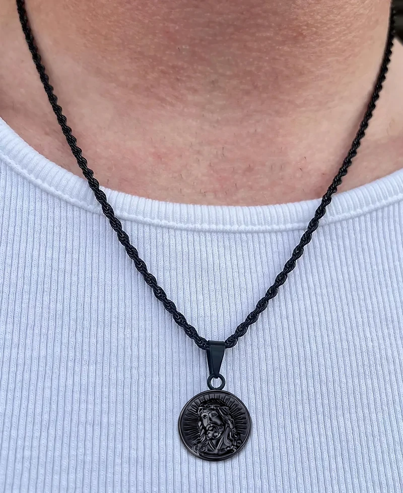 Rhona Sutton Men's Stainless Steel Black Plated Jesus Coin Pendant Necklace
