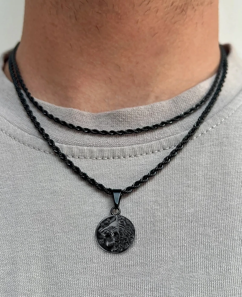 Rhona Sutton Men's Stainless Steel Black Plated Lion Coin Pendant Necklace