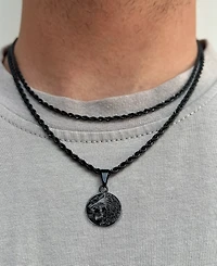 Rhona Sutton Men's Stainless Steel Black Plated Lion Coin Pendant Necklace