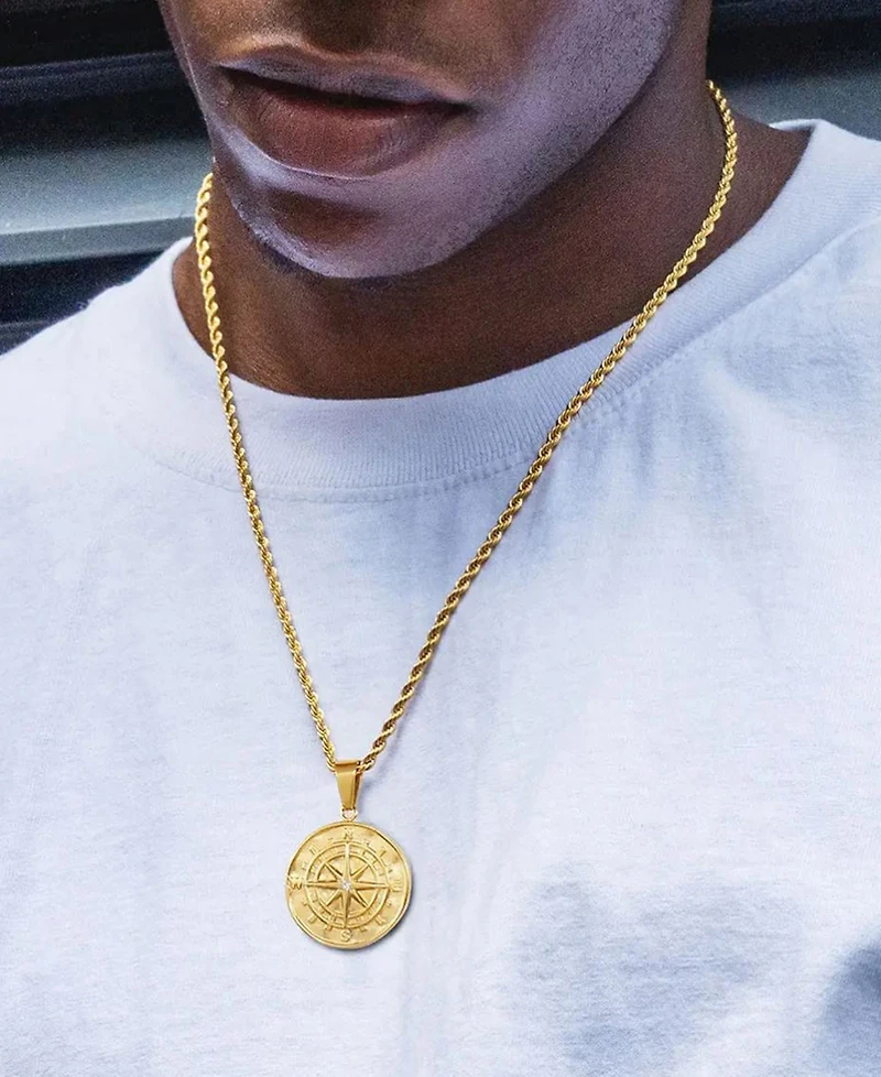 Rhona Sutton Men's Stainless Steel Compass Coin Pendant Necklace in 18k Gold Plated