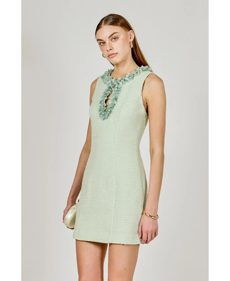 endless rose Women's Tweed Racerback Floral Trim Mini Dress