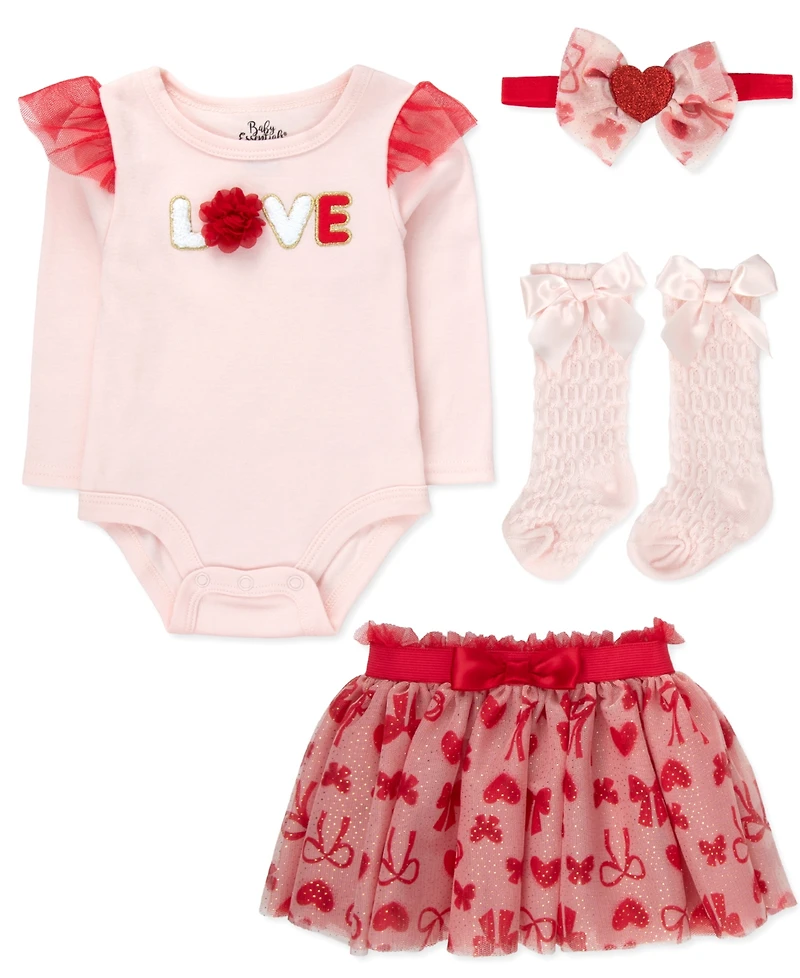 Baby Essentials Valentine's Day Bodysuit and Skirt, 4-Piece Set