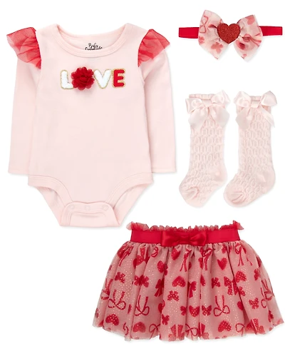 Baby Essentials Valentine's Day Bodysuit and Skirt, 4-Piece Set