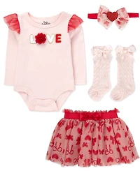 Baby Essentials Valentine's Day Bodysuit and Skirt, 4-Piece Set