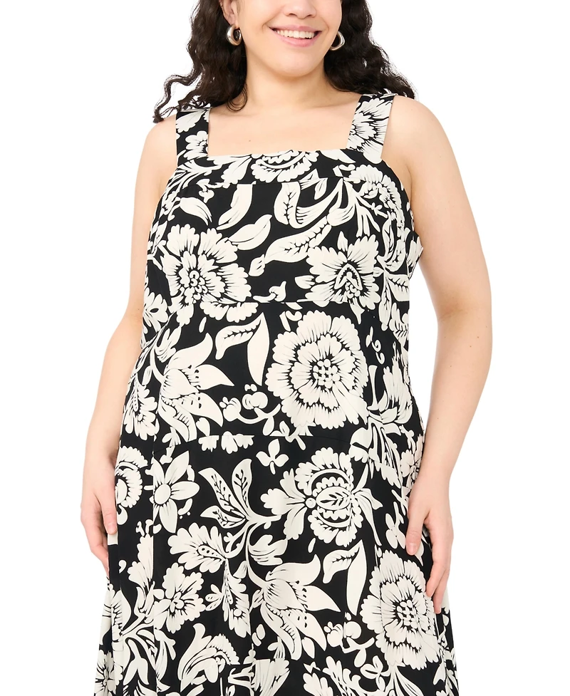 Vince Camuto Plus Printed Square-Neck Smocked-Back Sleeveless Maxi Dress