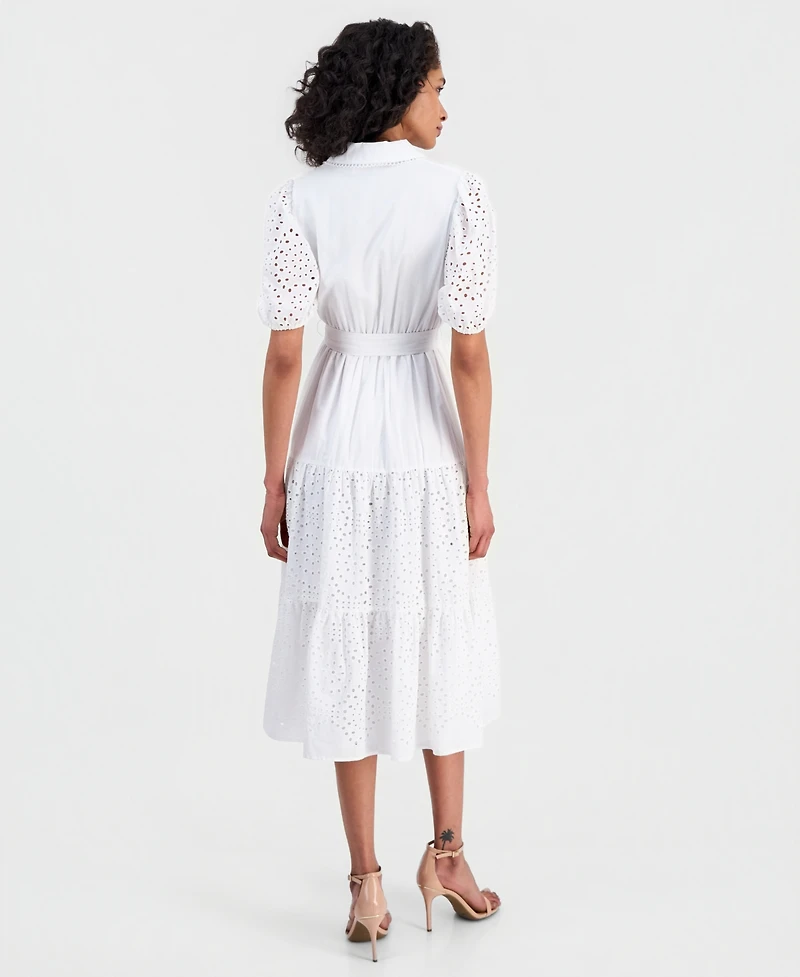 Anne Klein Women's Puff-Sleeve Midi Eyelet Shirtdress