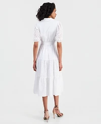 Anne Klein Women's Puff-Sleeve Midi Eyelet Shirtdress