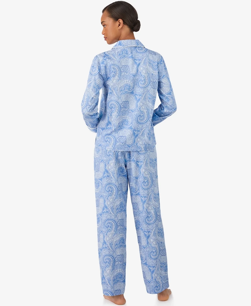 Lauren Ralph Women's Long-Sleeve Notch Collar Top and Pants Pajama Set