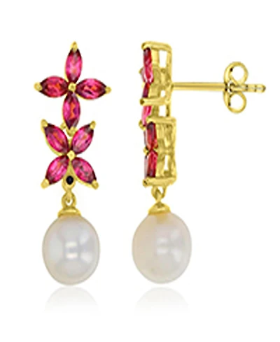 Macy's Garnet & Imitation Pearl Flower Earrings in 14k Yellow Gold Over Sterling Silver