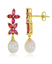 Macy's Garnet & Imitation Pearl Flower Earrings in 14k Yellow Gold Over Sterling Silver