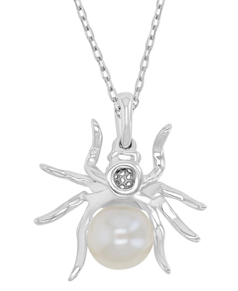 Macy's Diamond Accent & Pearl Spider Necklace in Rhodium Over Sterling Silver