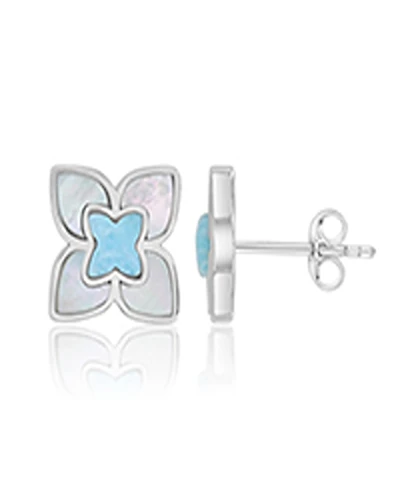 Macy's Larimar and Imitation Pearl Flower Stud Earrings in Rhodium Over Sterling Silver
