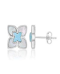 Macy's Larimar and Imitation Pearl Flower Stud Earrings in Rhodium Over Sterling Silver