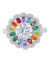Macy's Multicolor Cubic Zirconia Large Flower Ring in Rhodium Over Sterling Silver