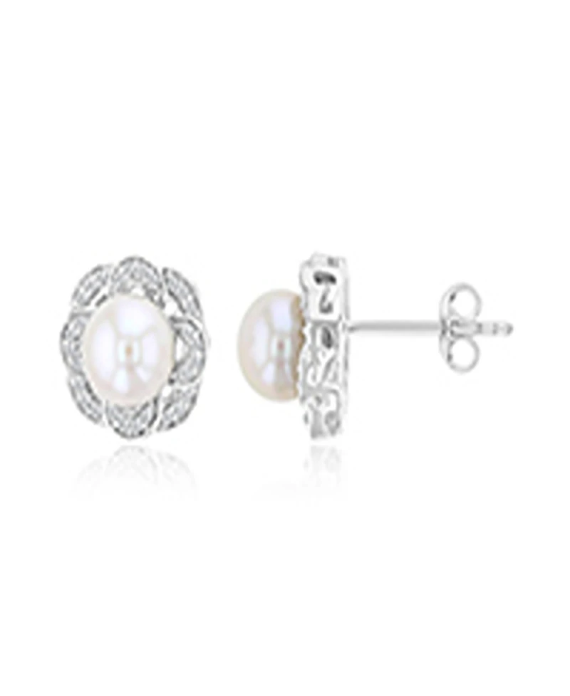 Macy's Diamond & Imitation Pearl Stud Earrings in Rhodium Over Sterling Silver