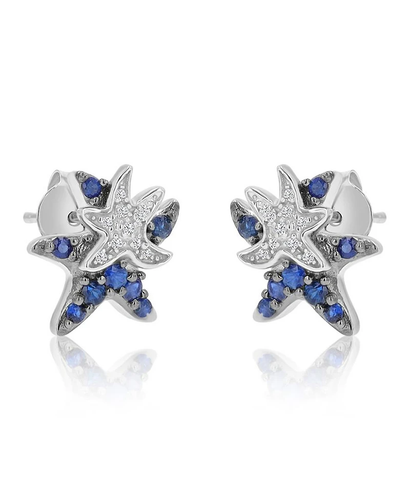Macy's White Sapphire and Created Blue Sapphire Duo Starfish Stud Earrings in Rhodium Over Sterling Silver