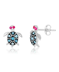 Macy's London Blue Topaz and Ruby Sea Turtle Stud Earrings in Rhodium Over Sterling Silver