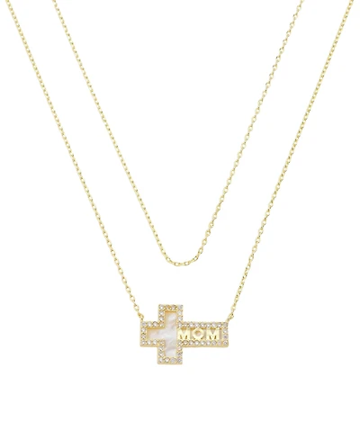 Unwritten Cubic Zirconia and Mother of Pearl Mom Cross Pendant Layered Necklace Set