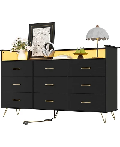 gaomon 9 Drawer Wooden Dressers for Bedroom with Led Lights & Charging Station, Wood Chest of Drawers App Control, Modern Large Storage Cabinet