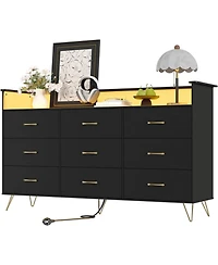 gaomon 9 Drawer Wooden Dressers for Bedroom with Led Lights & Charging Station, Wood Chest of Drawers App Control, Modern Large Storage Cabinet