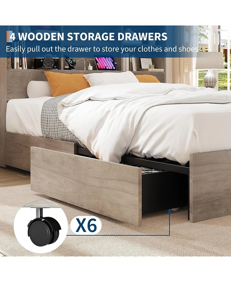Gaomon King Bed Frame with Bookcase Headboard, 4 Storage Drawers, Built-in Charging Station, No Box Spring Needed