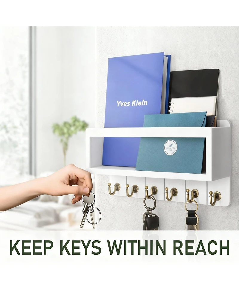 Yigii Rustic Key & Mail Holder with 6 Hooks - Sturdy Wood Steel, Space-Saving, Easy Install