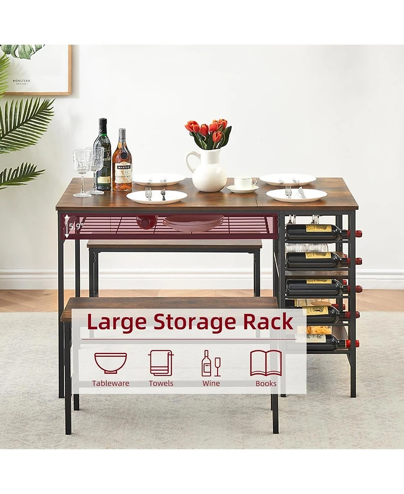 gaomon 4-Piece Dining Table Set with 2 Benches, Wine Rack & Storage Shelf, Kitchen Dining Room Table for Small Spaces