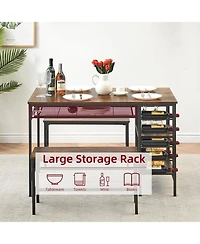 gaomon 4-Piece Dining Table Set with 2 Benches, Wine Rack & Storage Shelf, Kitchen Dining Room Table for Small Spaces