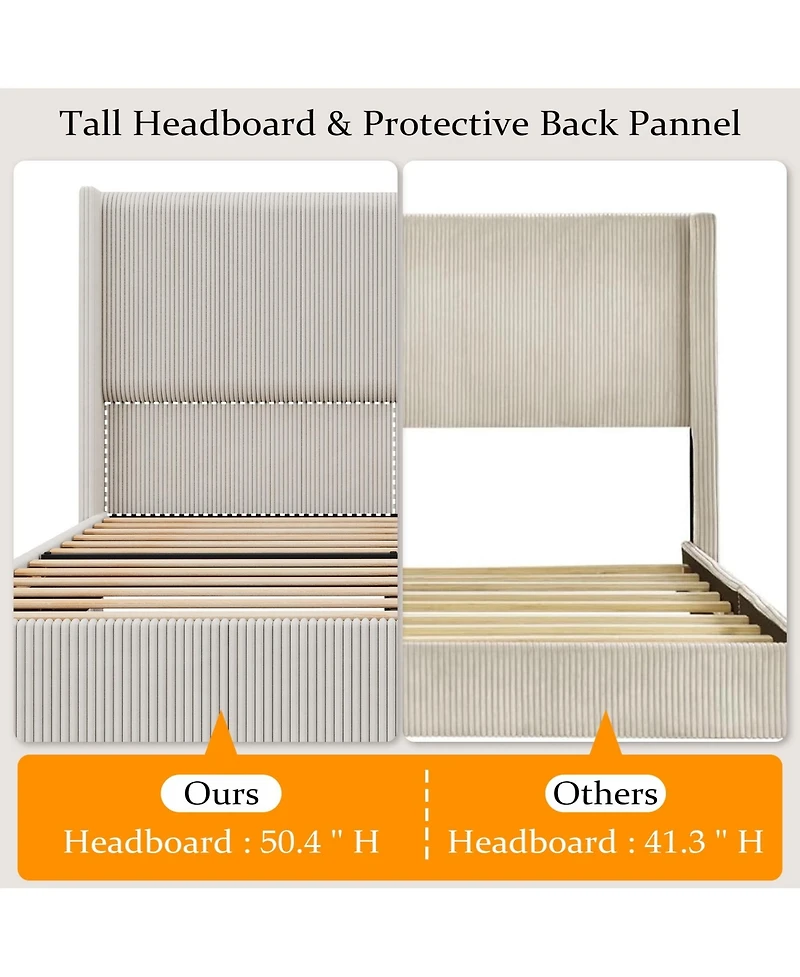gaomon Wingback Bedframe, Corduroy Upholstered Bed Frame, No Box Spring Needed, Solid Wooden Slats