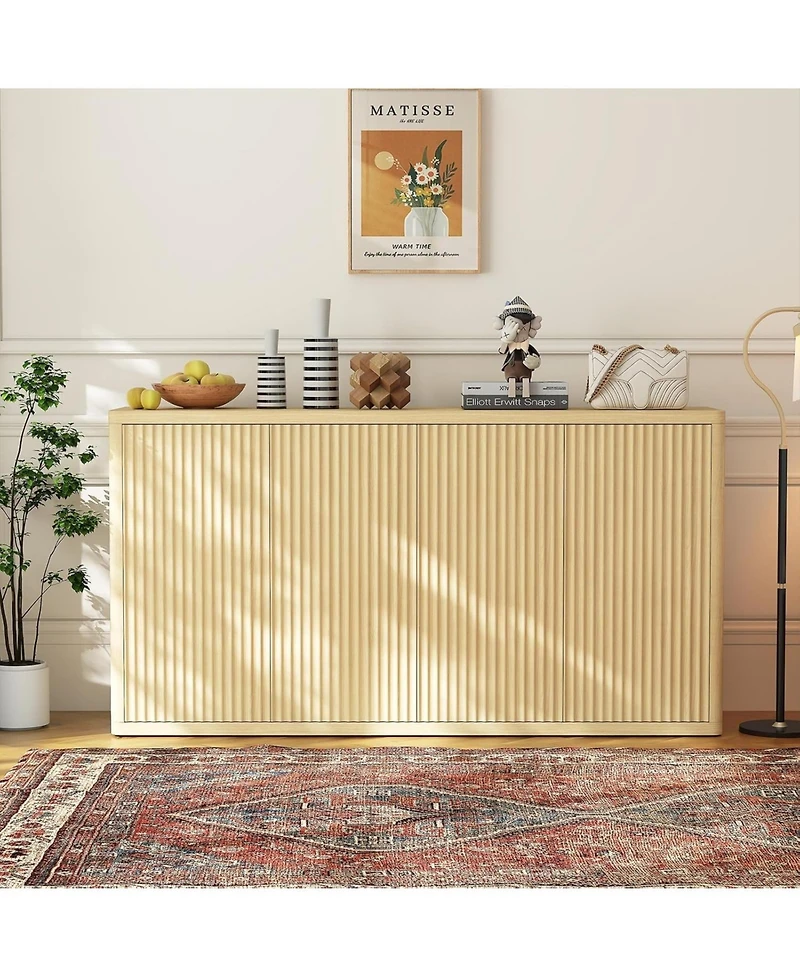 gaomon 66.3'' Fluted Oak Sideboard Cabinet with 4 Doors & Adjustable Shelves, Modern Wood Buffet Storage