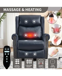 Clihome Heat Massage Manual Recliner Chair with Rocker and Swivel Genuine Leather for Living Room