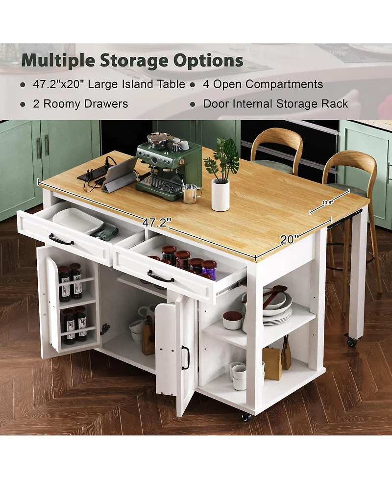 Clihome Kitchen Island with Extendable Table, 47.2"×19.7" Mobile Kitchen Island Cart