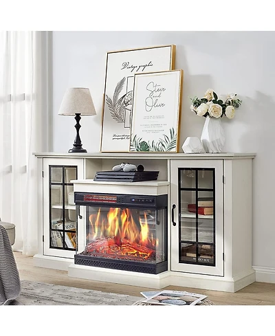 gaomon 59" Fireplace Tv Stand, Modern Farmhouse Media Console for 65" TVs, Glass Door Storage, Led Lighting, Adjustable Flame