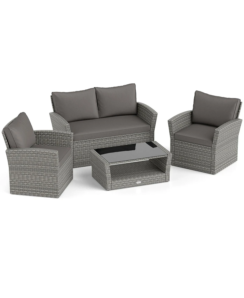 Gymax Set Of 4 Patio Furniture Set w/ 2 Rattan Chairs Loveseat Coffee Table Cushions