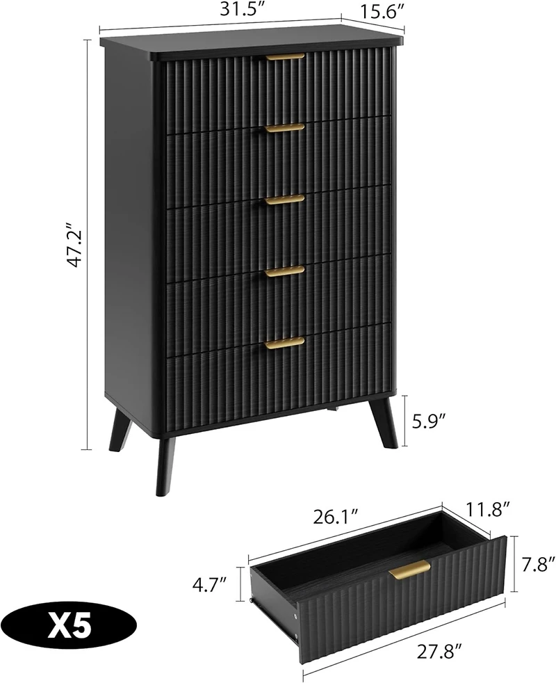 gaomon Fluted Dresser for Bedroom with 5 Deep Drawers, 47.2 in Tall Chest of Drawers, Curved Profile Design, Modern Wooden Dresser