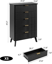gaomon Fluted Dresser for Bedroom with 5 Deep Drawers, 47.2 in Tall Chest of Drawers, Curved Profile Design, Modern Wooden Dresser