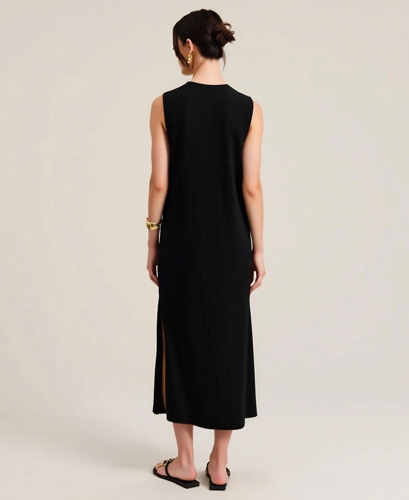 Modenaire Women's Sleeveless Ribbed Knit Crewneck Side Slit Midi Dress