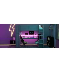 Flynama Twin Size Gaming Loft Bed Built In Desk Charging Station Storage Shelves Led Lighting Space Saving Kids Teens Furniture