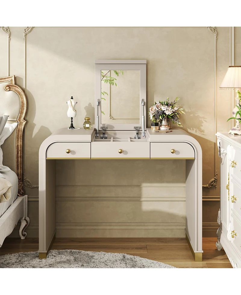 Streamdale Furniture Classic Wood Vanity Desk with Flip Mirror & 2 Drawers, Champagne