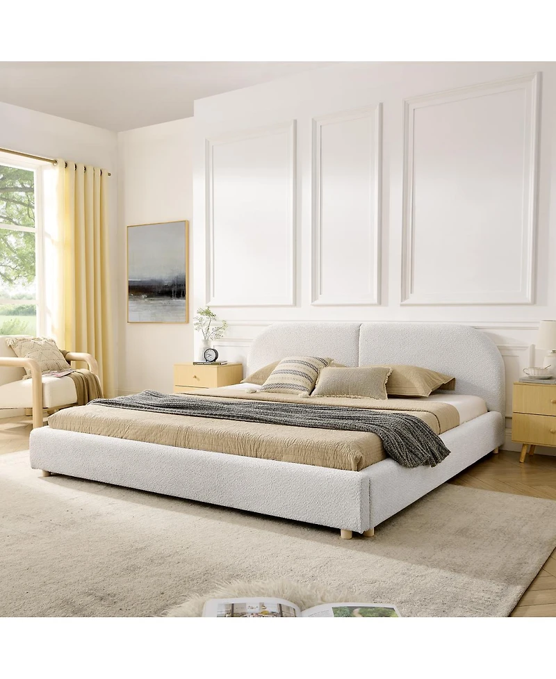 Streamdale Furniture King Size Beige Upholstered Bed Frame with Curved Headboard