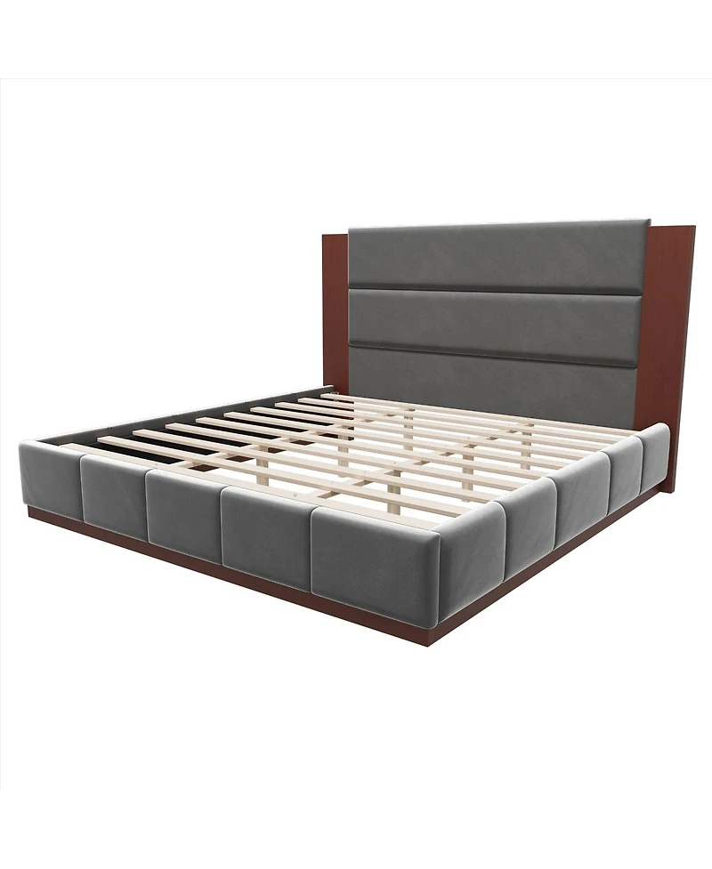 Streamdale Furniture Velvet Upholstered King Bed Frame with Extended Wood Headboard