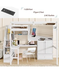 Streamdale Furniture Full Size Loft Wood Bed with Desk, Shelves, Wardrobe, Staircase