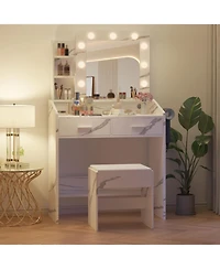 gaomon Modern Vanity Desk with Led Lighted Mirror, Power Outlet, Cushioned Stool & 2 Drawers