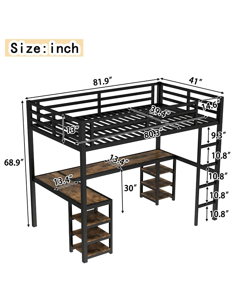 Streamdale Furniture Twin Xl Metal Loft Bed with Desk, Shelves, Ladder & Guardrails