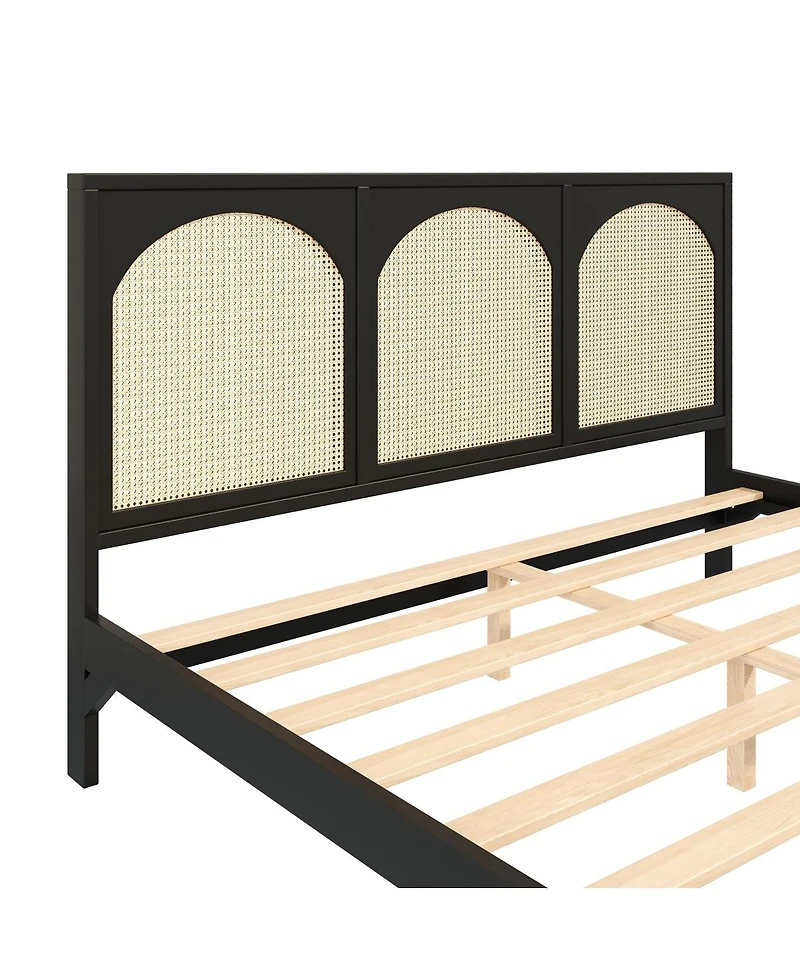 Streamdale Furniture King Size Wood Platform Bed with Rattan Headboard