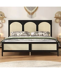 Streamdale Furniture King Size Wood Platform Bed with Rattan Headboard