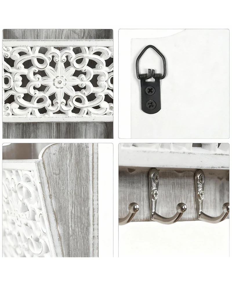 Wooden Mail Rack with 2 Slots & 3 Hooks for Keys and Accessories