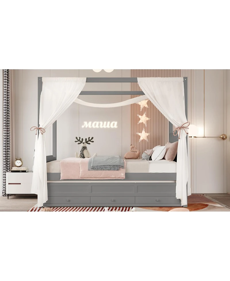 Streamdale Furniture Twin Platform Bed with Upholstered Headboard, Trundle, 3 Drawers & Canopy