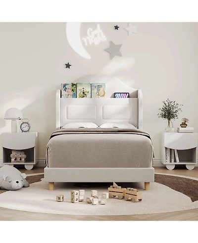 gaomon Upholstered Velvet Cute Platform Bed with Wingback, Storage Bookcase Headboard & Led Lights